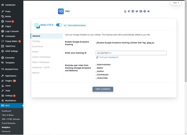 Google analytics in SEO Plugin